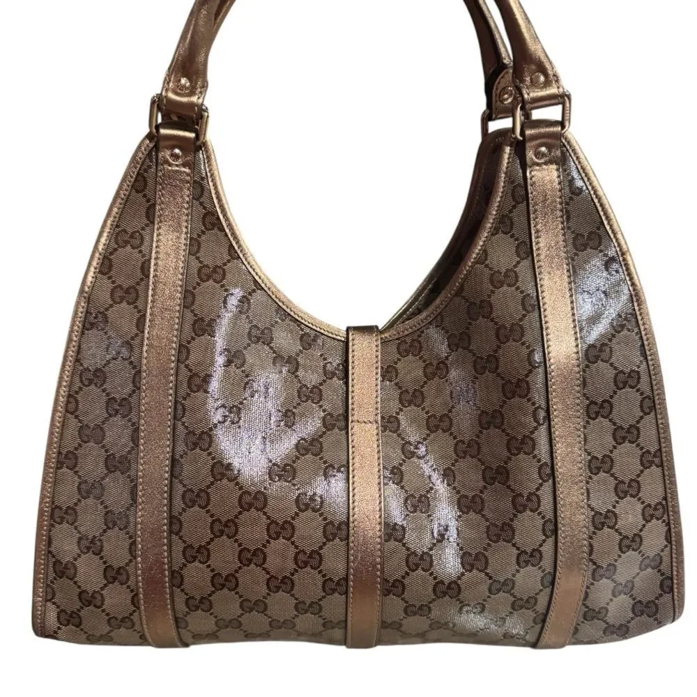 Gucci GG Crystal Beige Brown Canvas Gold Leather Trim Medium Joy Shoulder Bag - Picture 4 of 13